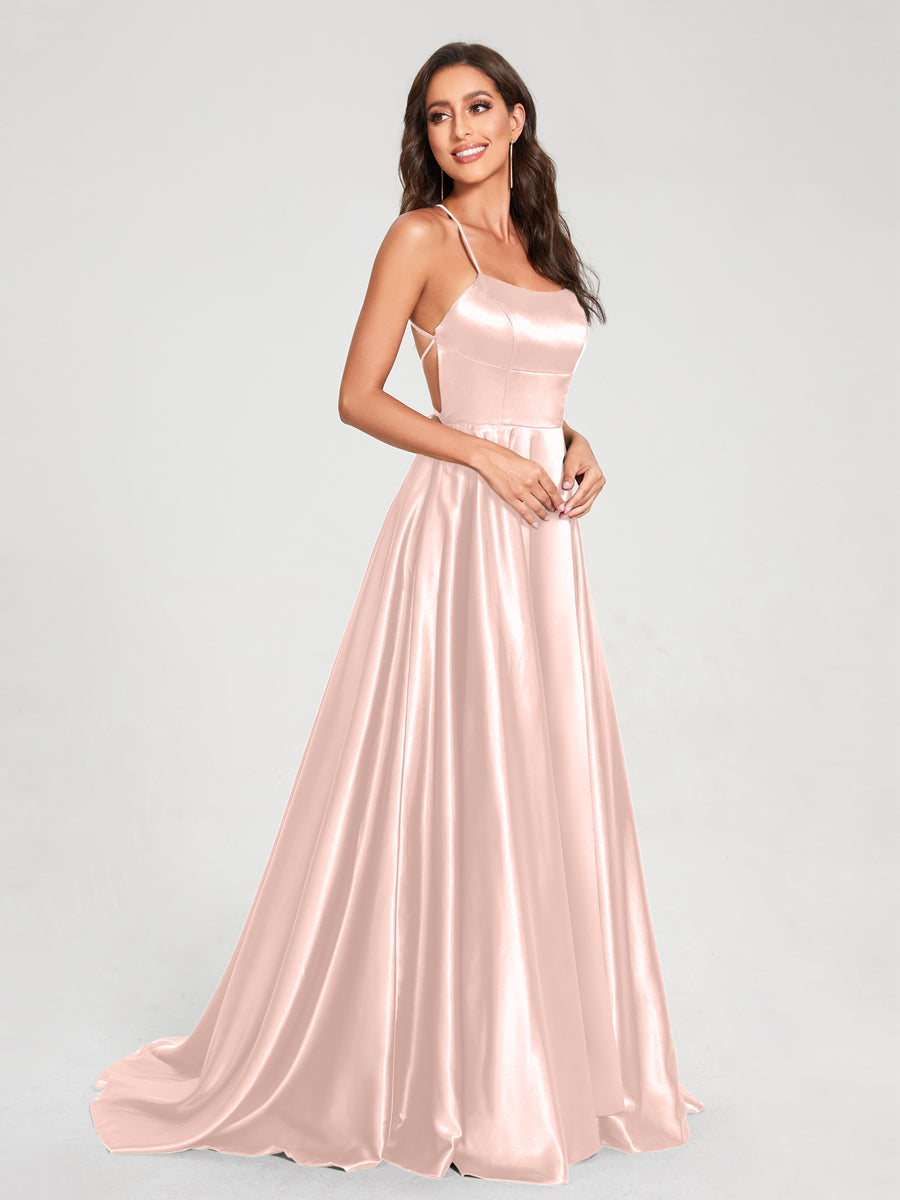 A-Line/Princess Spaghetti Straps Sleeveless Floor-Length Split Side Backless Bridesmaid Dresses