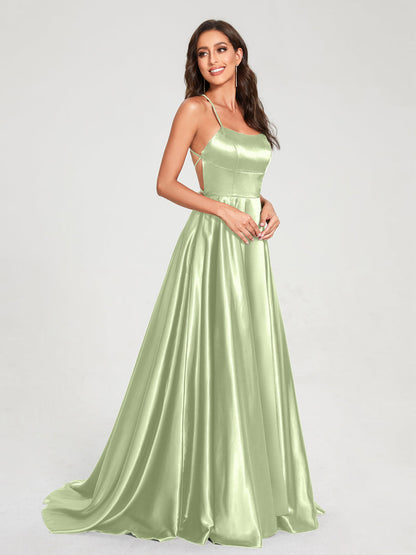 A-Line/Princess Spaghetti Straps Sleeveless Floor-Length Split Side Backless Bridesmaid Dresses