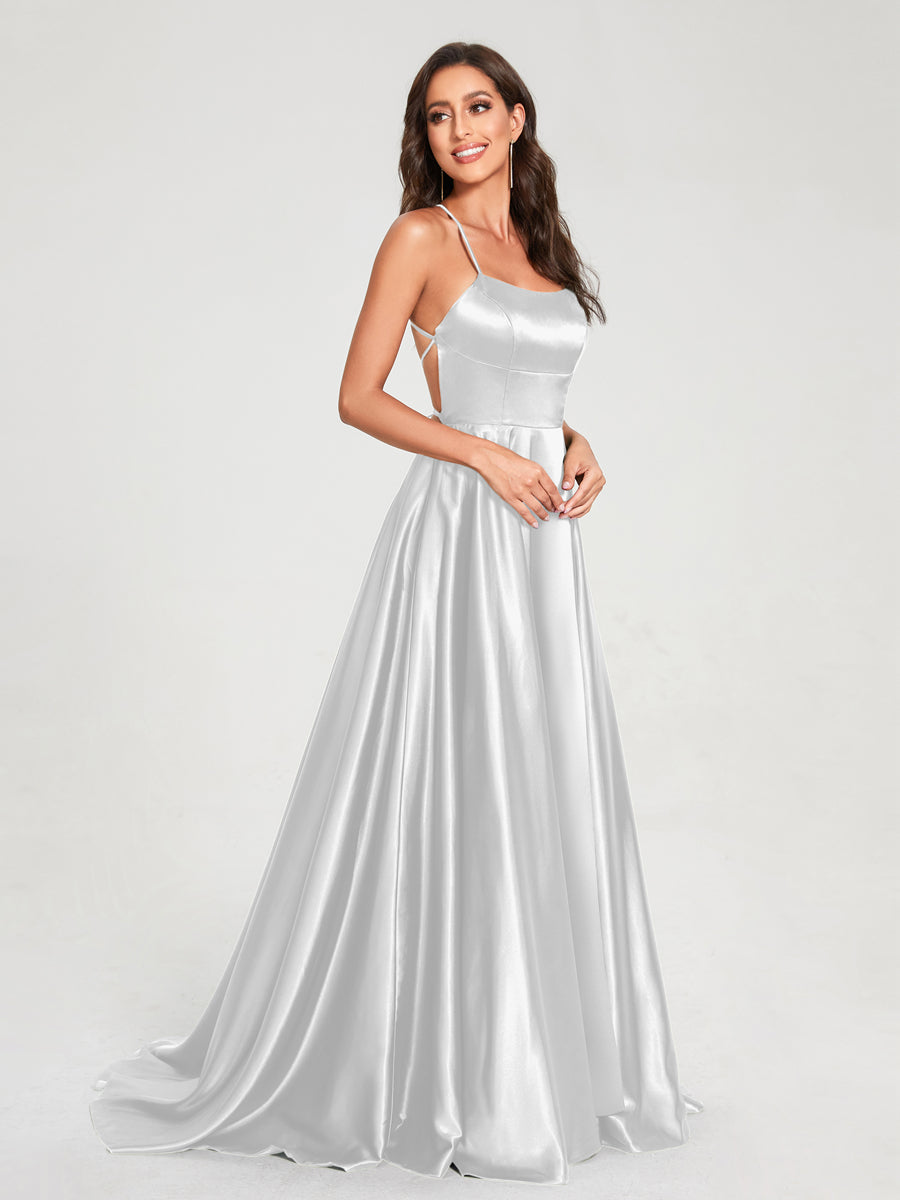 A-Line/Princess Spaghetti Straps Sleeveless Floor-Length Split Side Backless Bridesmaid Dresses