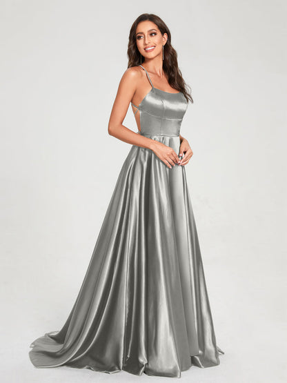 A-Line/Princess Spaghetti Straps Sleeveless Floor-Length Split Side Backless Bridesmaid Dresses