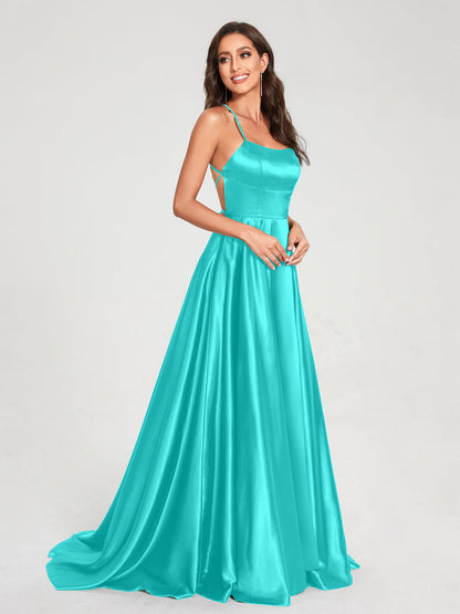 A-Line/Princess Spaghetti Straps Sleeveless Floor-Length Split Side Backless Bridesmaid Dresses