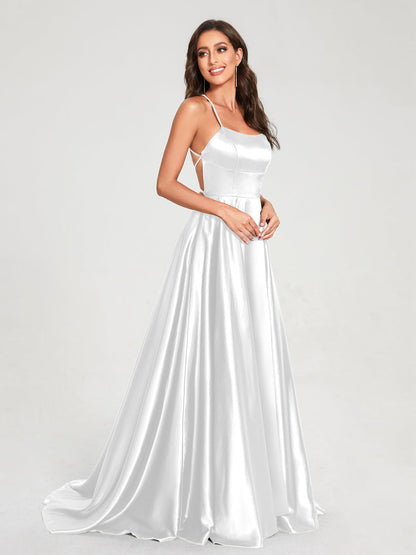 A-Line/Princess Spaghetti Straps Sleeveless Floor-Length Split Side Backless Bridesmaid Dresses