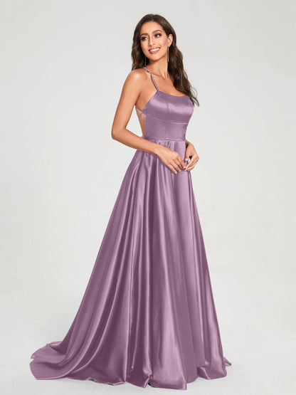 A-Line/Princess Spaghetti Straps Sleeveless Floor-Length Split Side Backless Bridesmaid Dresses