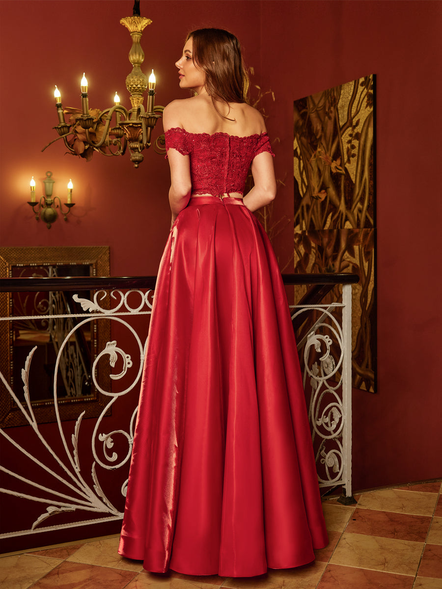 A-Line/Princess Off-the-Shoulder Applique Two Piece Long Prom Dresses