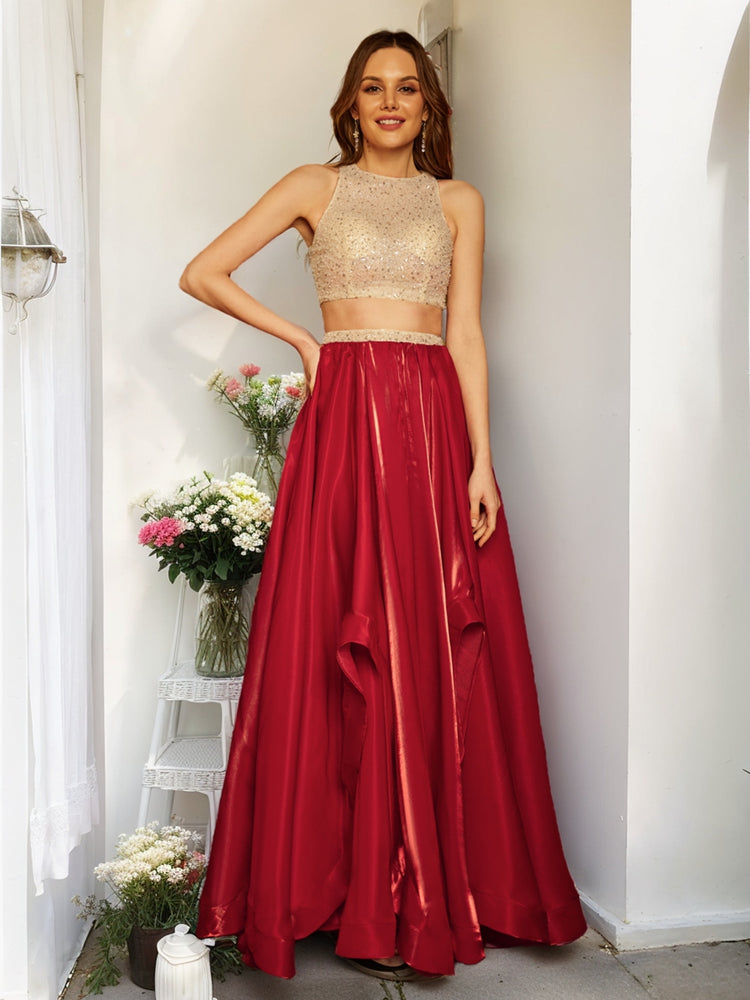 Red and gold on sale two piece prom dress