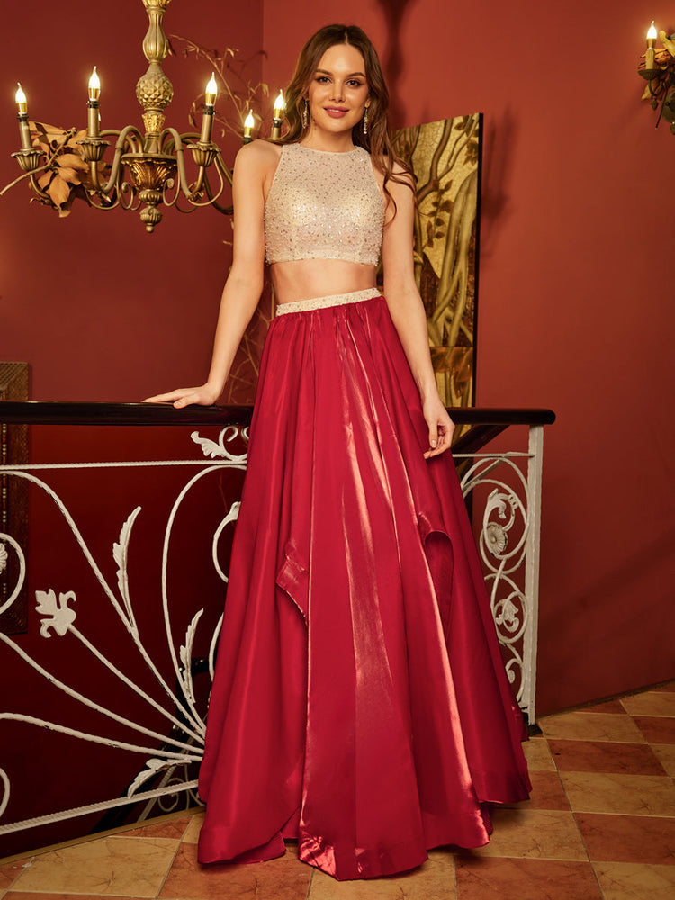 Red and gold hot sale two piece prom dress