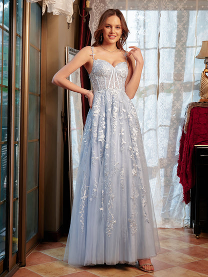 A-Line/Princess Sweetheart Applique Tulle Long Prom Dresses