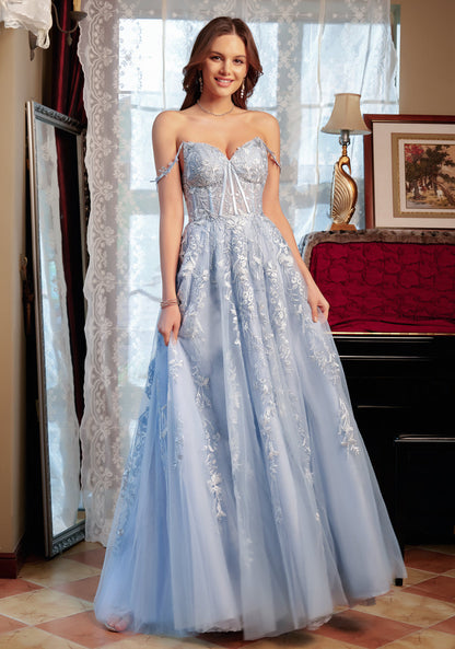 A-Line/Princess Sweetheart Applique Tulle Long Prom Dresses