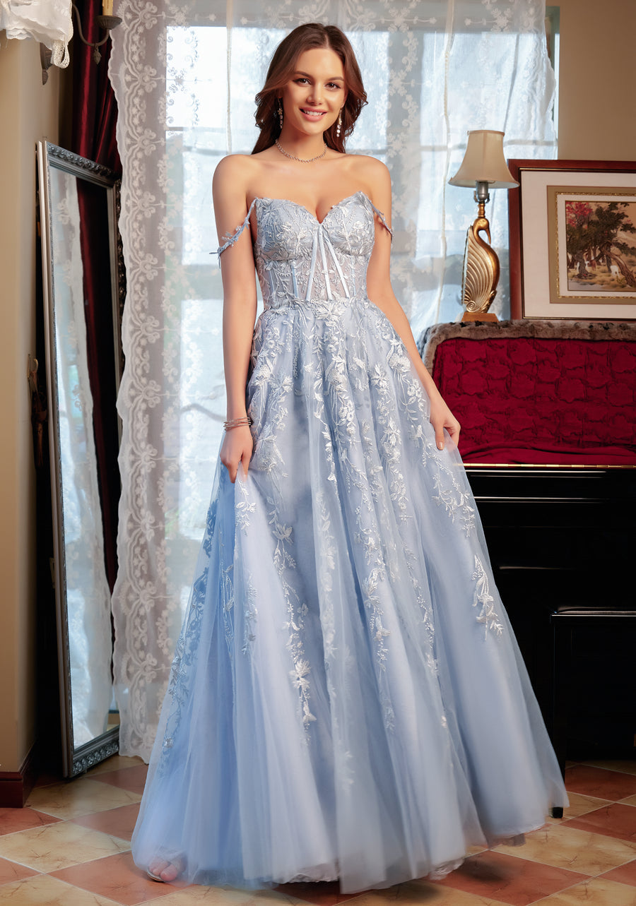 A-Line/Princess Sweetheart Applique Tulle Long Prom Dresses