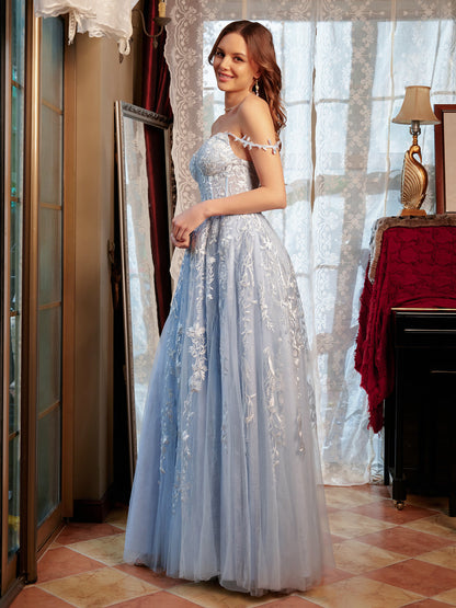 A-Line/Princess Sweetheart Applique Tulle Long Prom Dresses