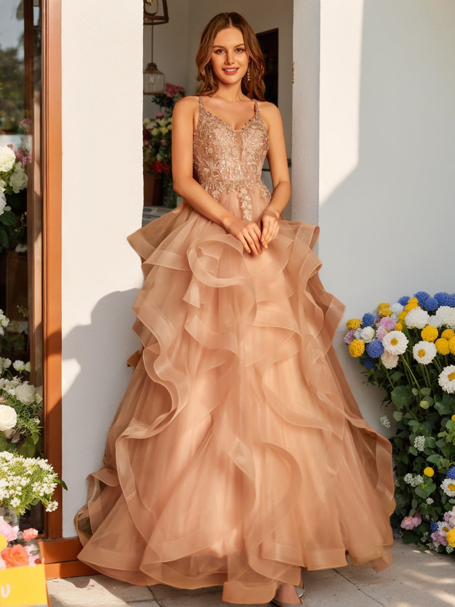 A-Line/Princess V-Neck Applique Sequins Tulle Long Prom Dresses