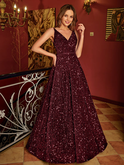 A-Line/Princess V-Neck Long Prom Dresses with Belt