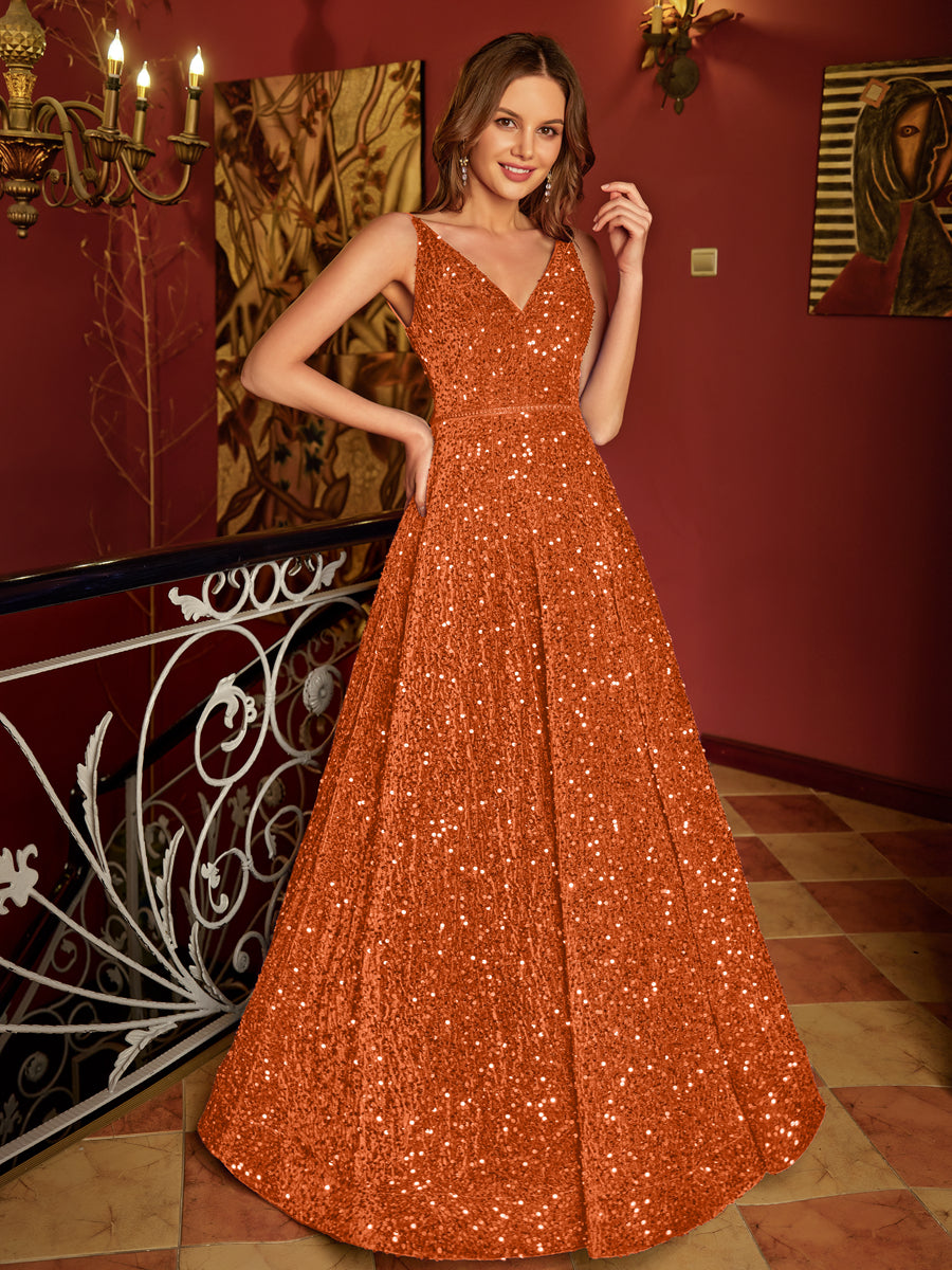 A-Line/Princess V-Neck Long Prom Dresses with Belt