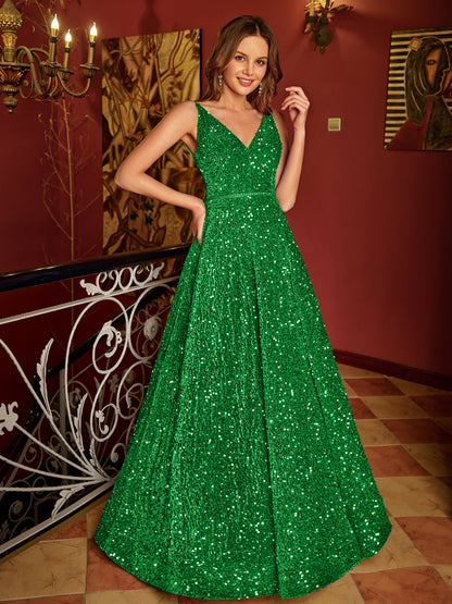 A-Line/Princess V-Neck Long Prom Dresses with Belt