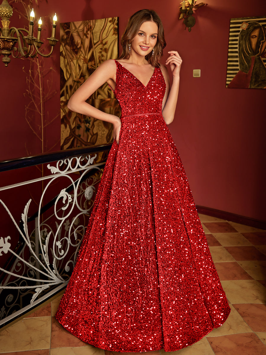 A-Line/Princess V-Neck Long Prom Dresses with Belt