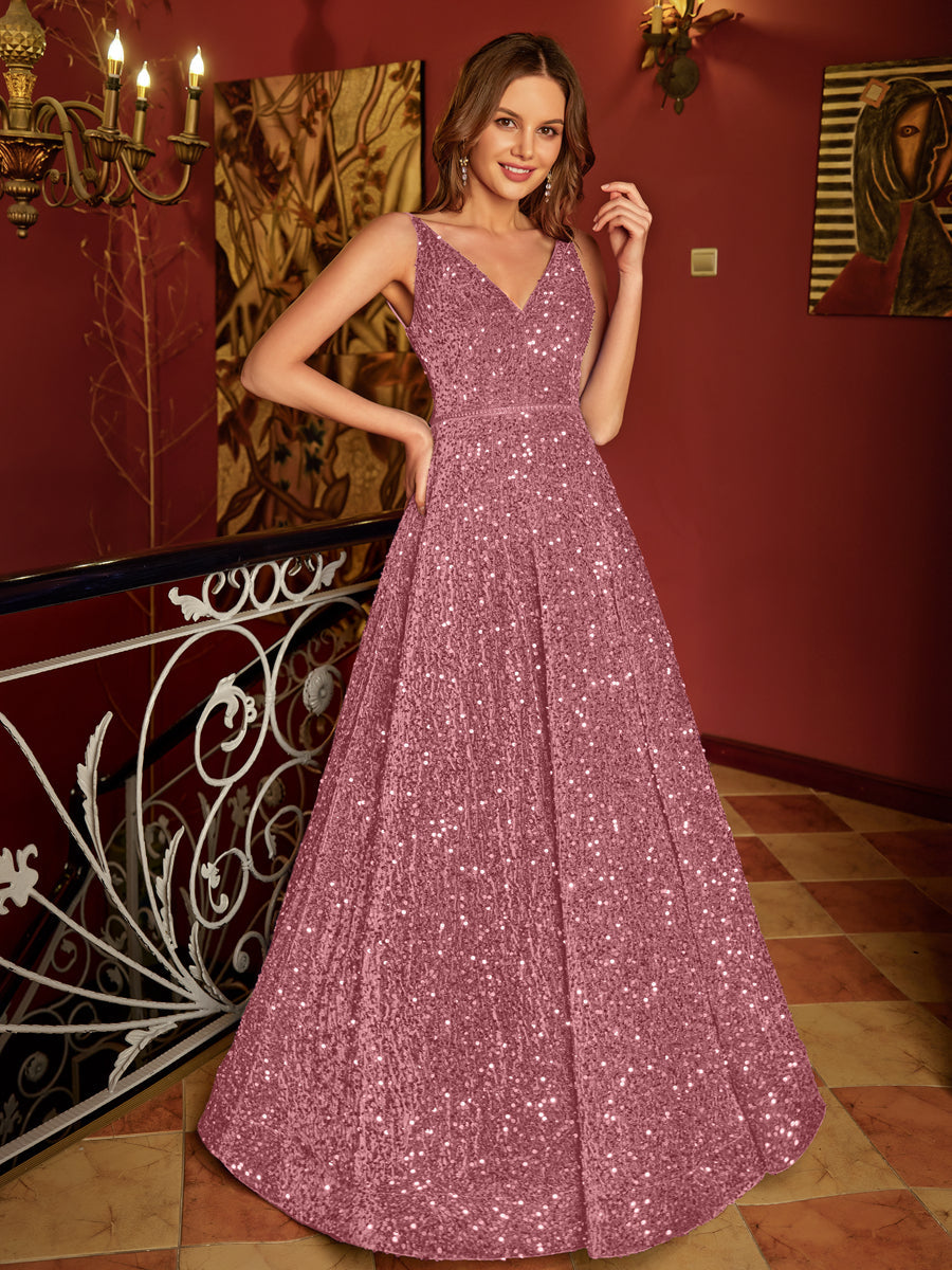 A-Line/Princess V-Neck Long Prom Dresses with Belt