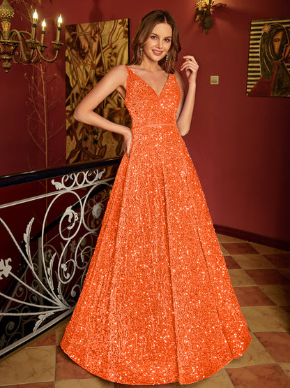 A-Line/Princess V-Neck Long Prom Dresses with Belt