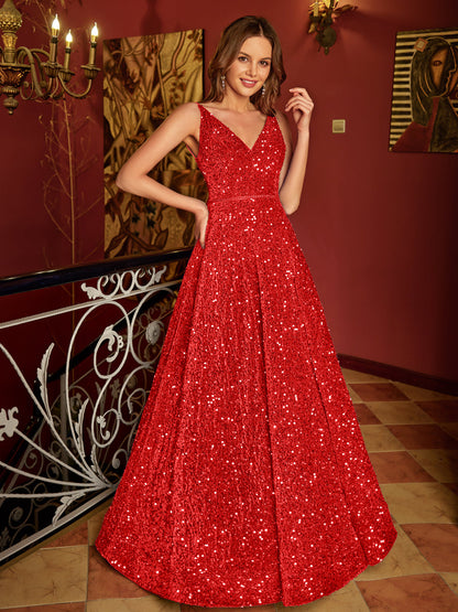 A-Line/Princess V-Neck Long Prom Dresses with Belt