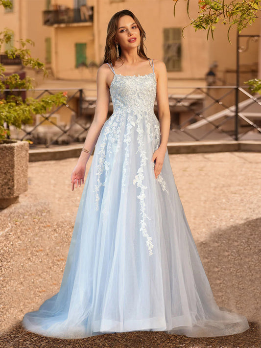 A-Line/Princess Tulle Spaghetti Straps Applique Long Prom Dresses