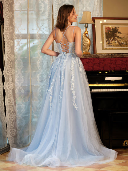 A-Line/Princess Tulle Spaghetti Straps Applique Long Prom Dresses