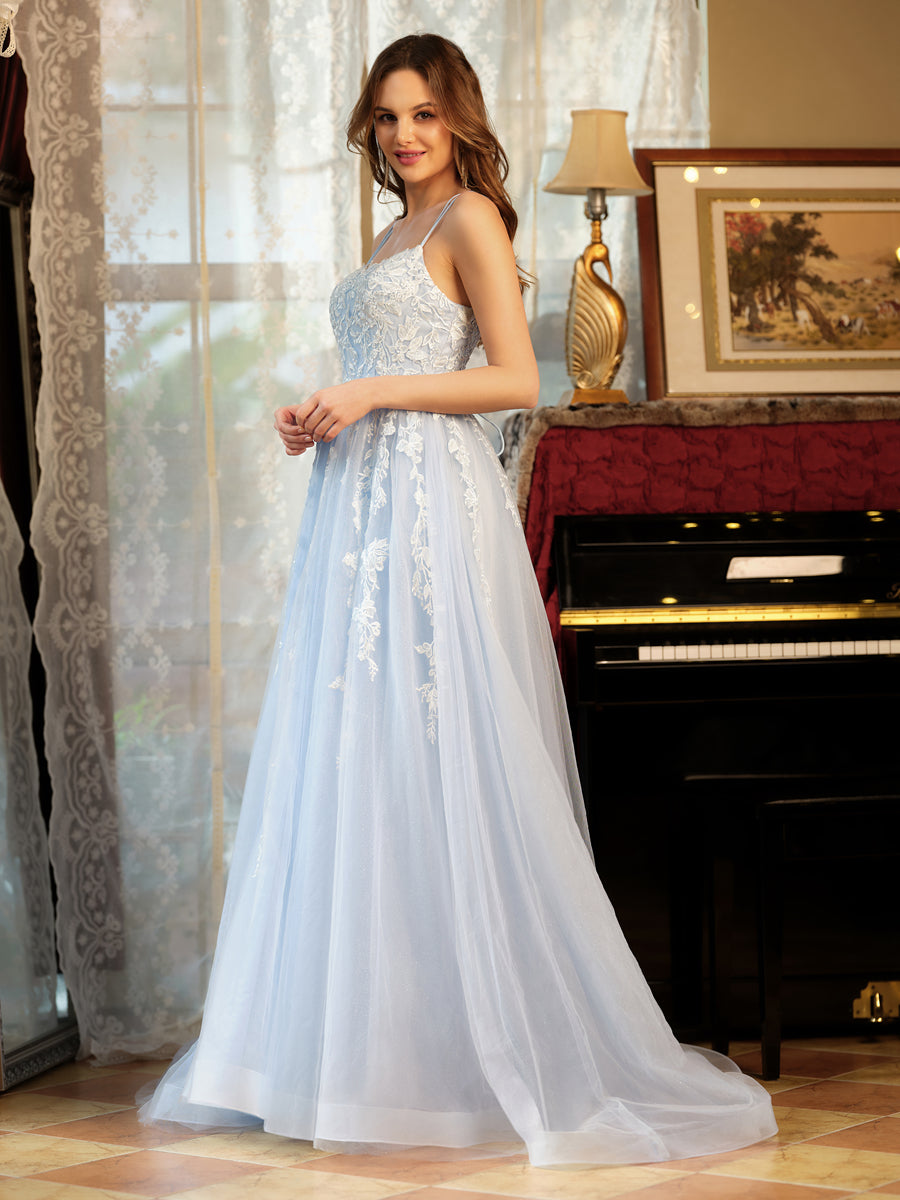 A-Line/Princess Tulle Spaghetti Straps Applique Long Prom Dresses