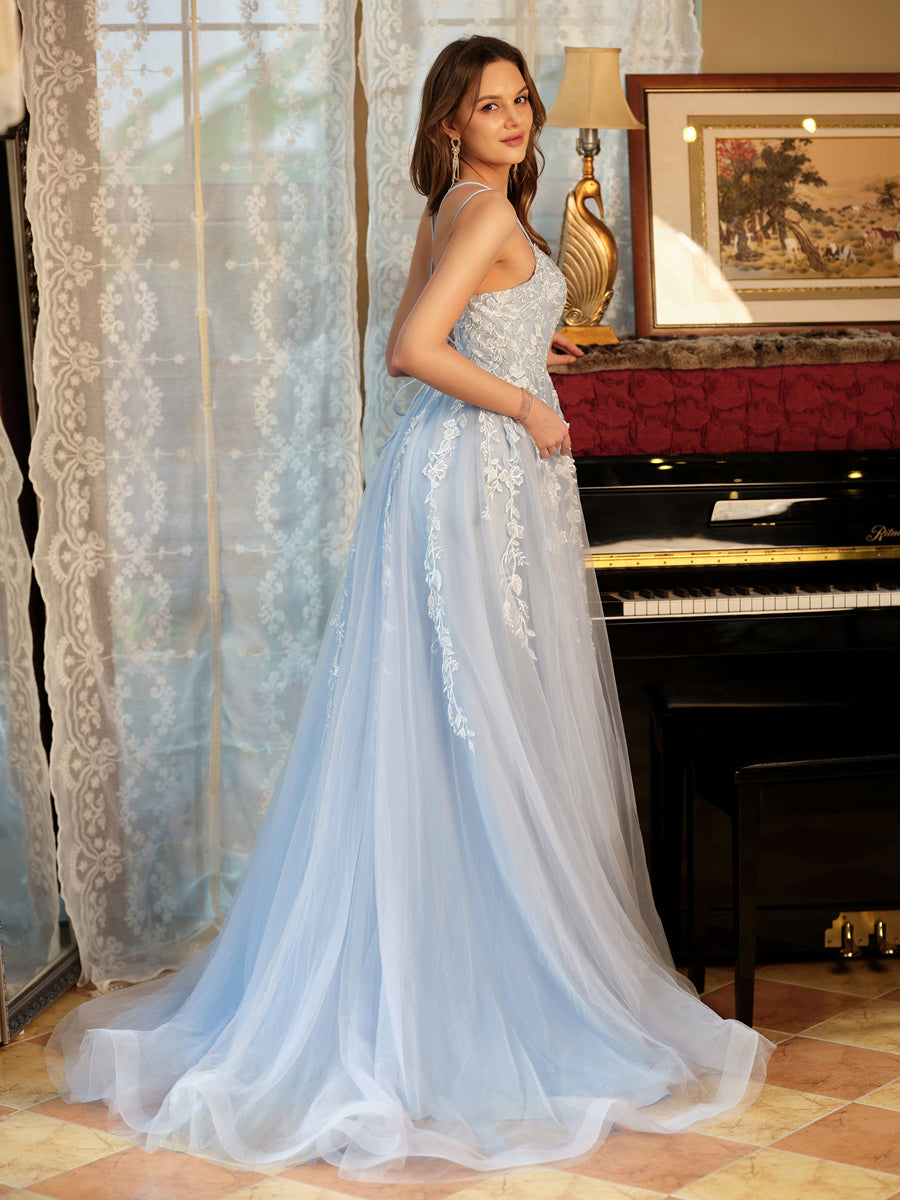 A-Line/Princess Tulle Spaghetti Straps Applique Long Prom Dresses