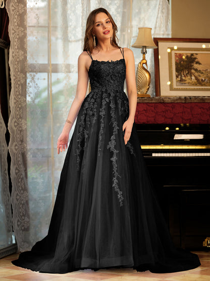 A-Line/Princess Tulle Spaghetti Straps Applique Long Prom Dresses