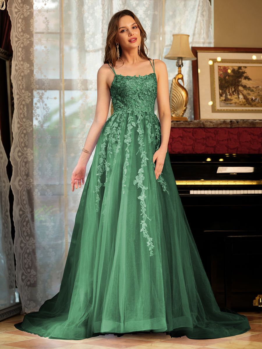 A-Line/Princess Tulle Spaghetti Straps Applique Long Prom Dresses