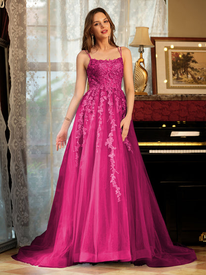 A-Line/Princess Tulle Spaghetti Straps Applique Long Prom Dresses