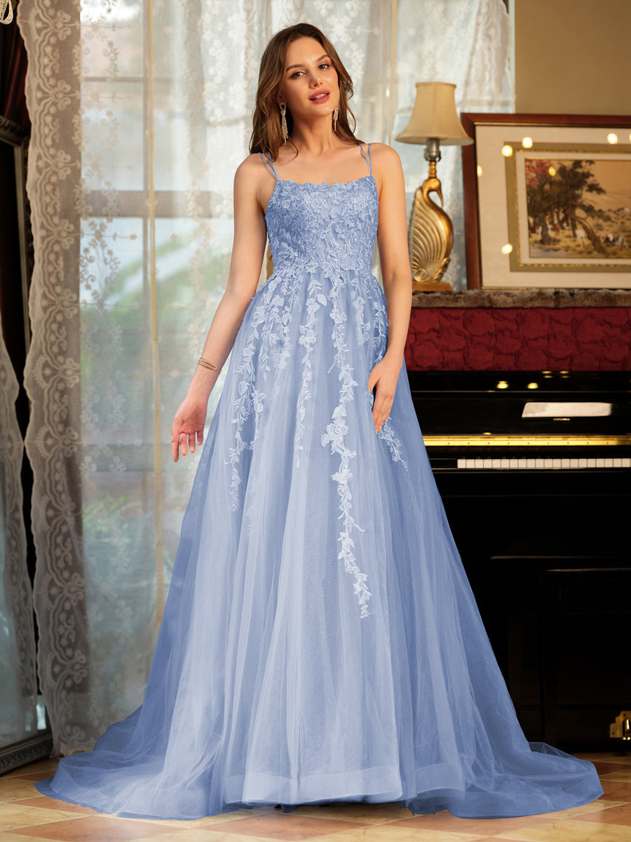 A-Line/Princess Tulle Spaghetti Straps Applique Long Prom Dresses