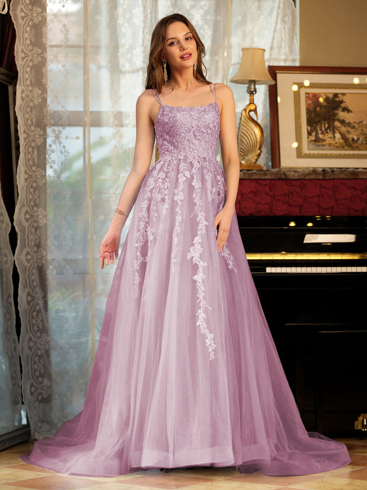A-Line/Princess Tulle Spaghetti Straps Applique Long Prom Dresses-Lavetir