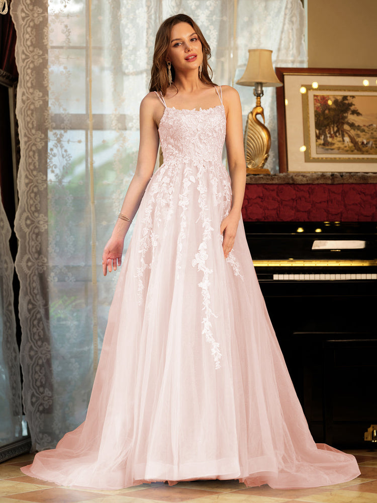 Blush Pink Long Lace Prom Dress with Tulle Skirt Light Blue / 10