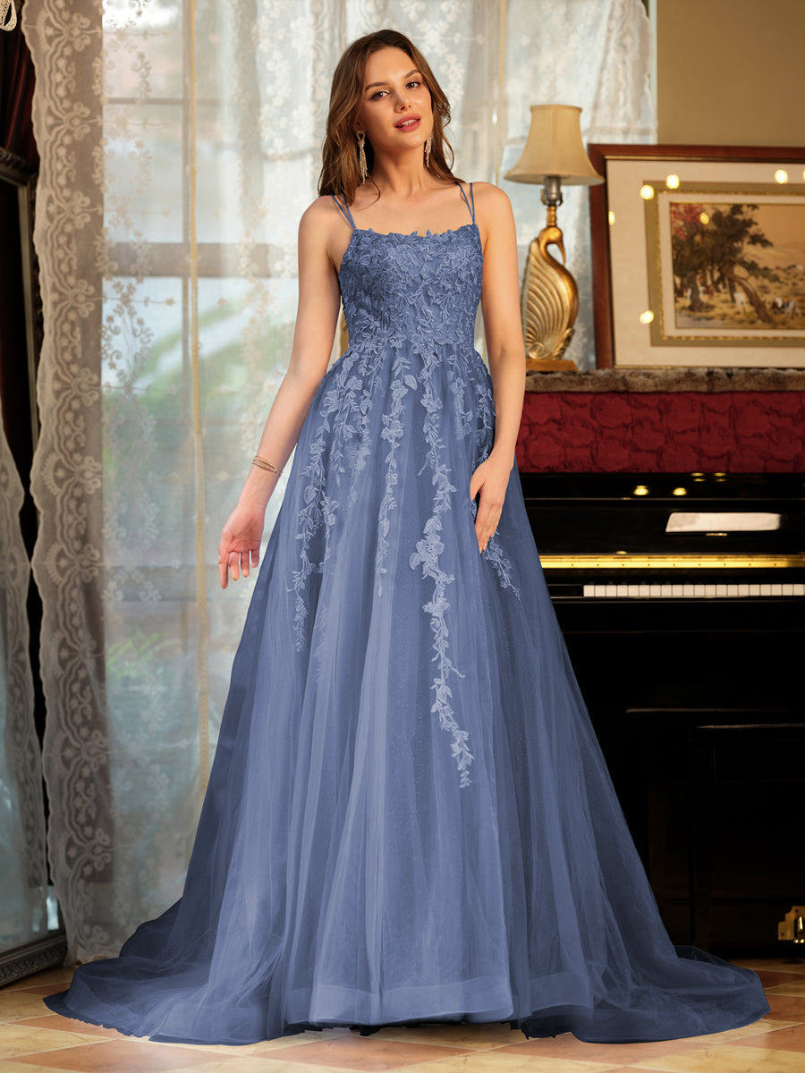 A-Line/Princess Tulle Spaghetti Straps Applique Long Prom Dresses