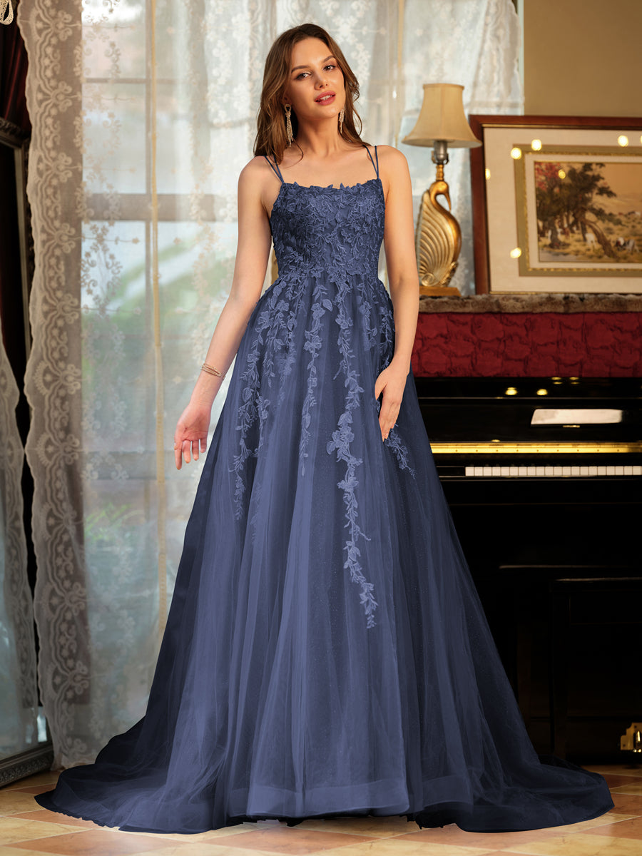 A-Line/Princess Tulle Spaghetti Straps Applique Long Prom Dresses