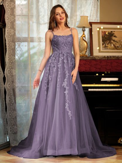 A-Line/Princess Tulle Spaghetti Straps Applique Long Prom Dresses