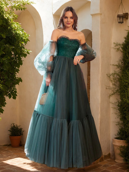 A-Line/Princess Tulle Sweetheart Long Prom Dresses