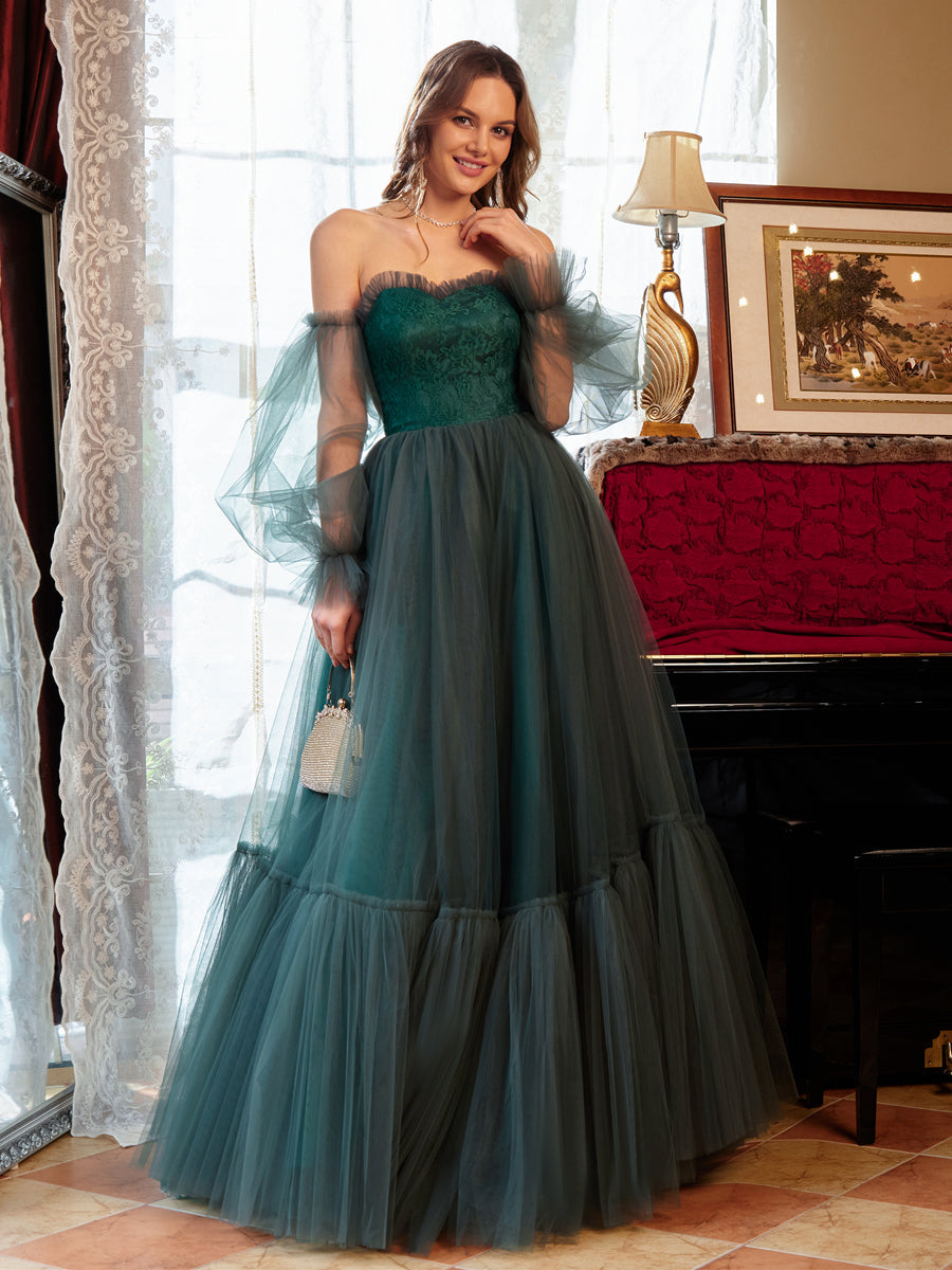 A-Line/Princess Tulle Sweetheart Long Prom Dresses