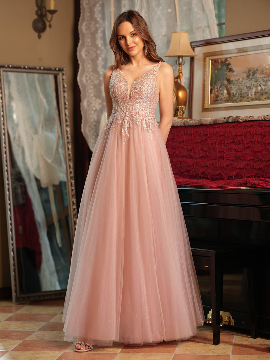 A-Line/Princess V-Neck Tulle Split Side Applique Long Prom Dresses