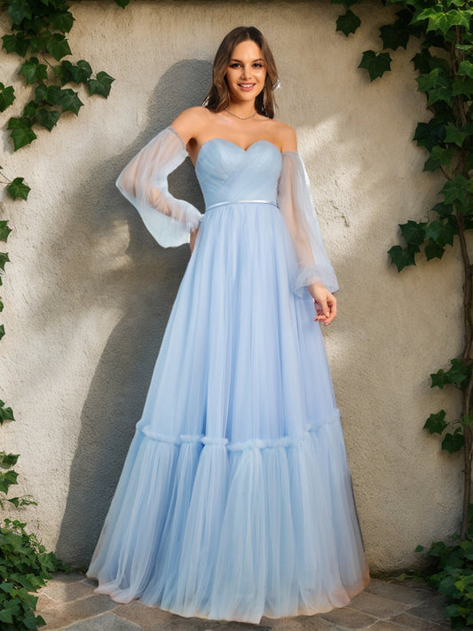 A-Line/Princess Tulle Sweetheart Long Prom Dresses with Belt