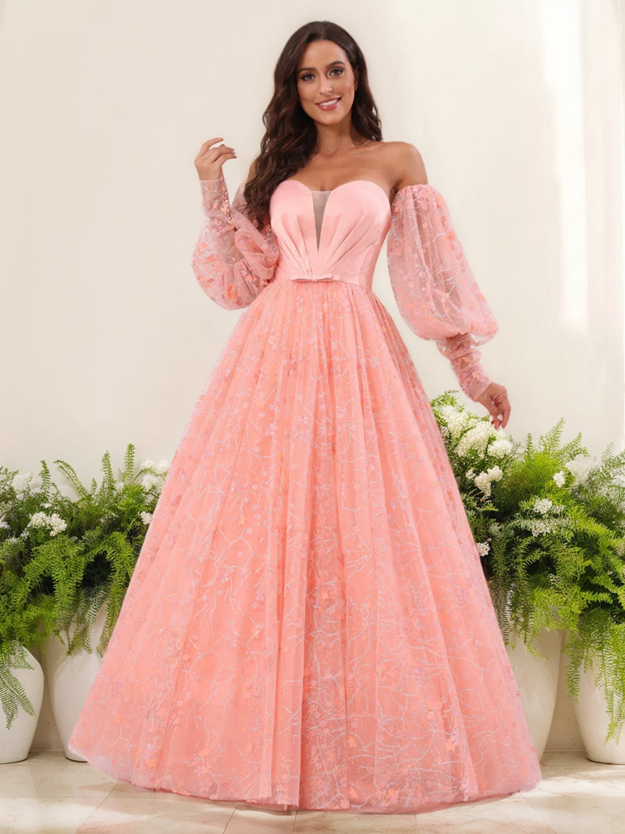 A-Line/Princess Sweetheart Long Prom Dresses with Detachable Sleeves