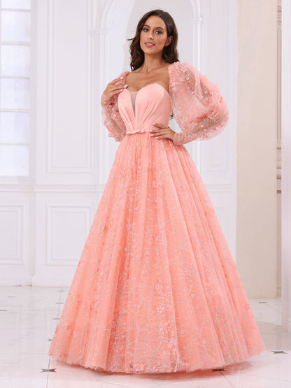 A-Line/Princess Sweetheart Long Prom Dresses with Detachable Sleeves