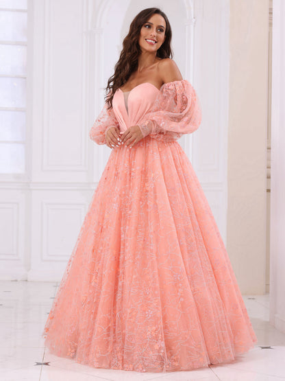 A-Line/Princess Sweetheart Long Prom Dresses with Detachable Sleeves