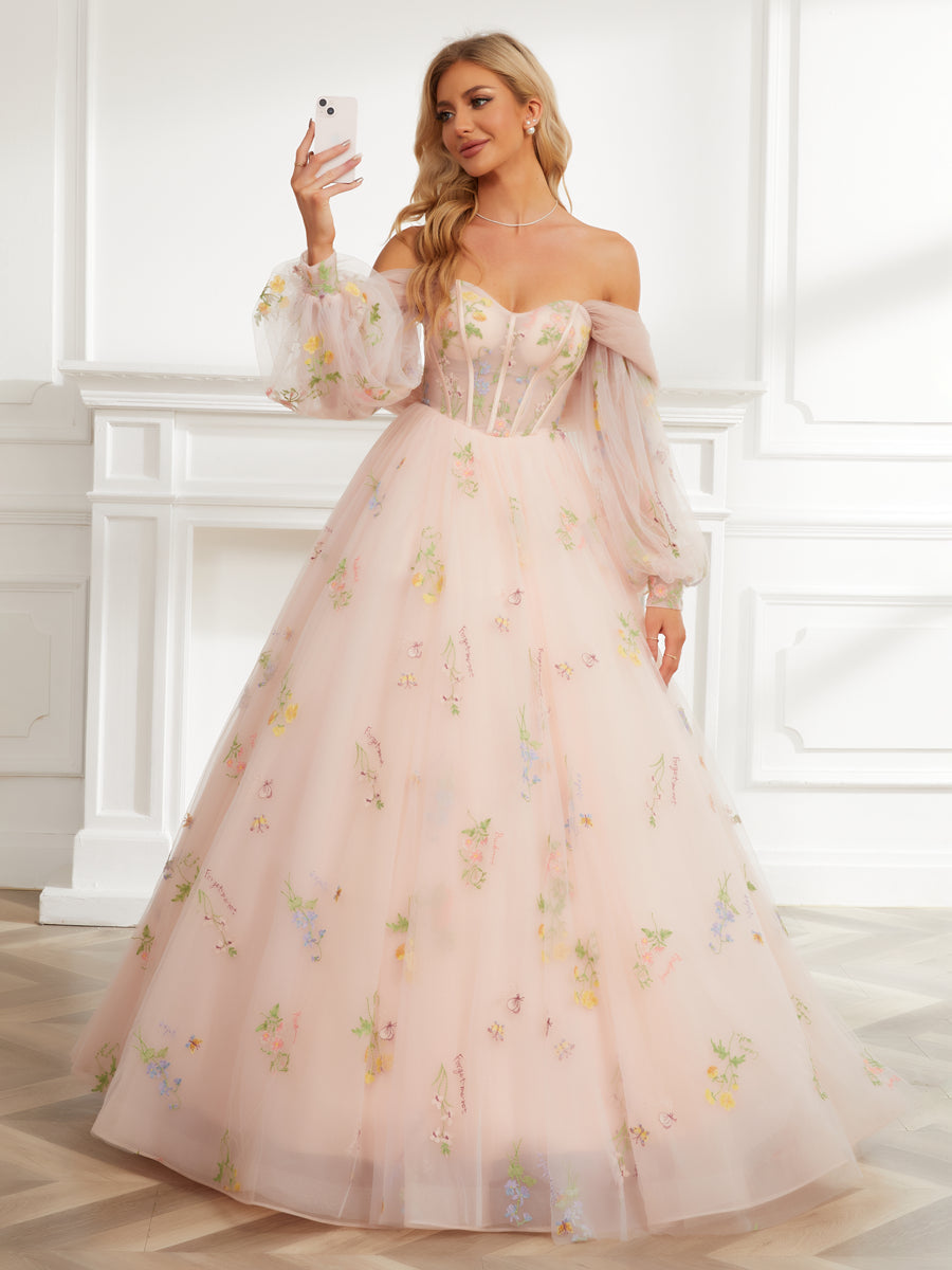 Ball Gown Sweetheart Embroidery Tulle Long Prom Dresses with Detachable Shawl & Sleeves