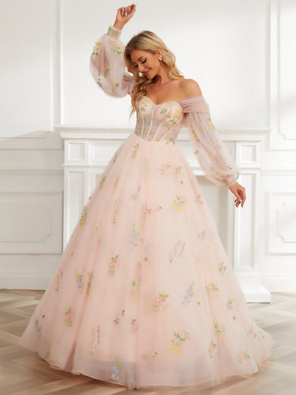 Ball Gown Sweetheart Embroidery Tulle Long Prom Dresses with Detachable Shawl & Sleeves