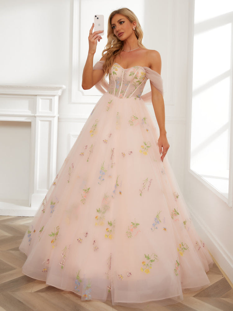 Embroidered Tulle Long Sleeve Gown