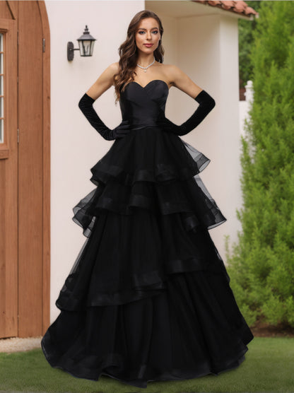 A-Line/Princess Sweetheart Long Tulle Dresses with Ruffles