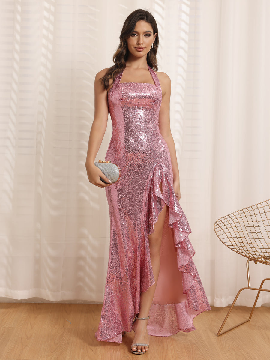 Sheath/Column Halter Long Prom Dresses with Sequins & Split Side