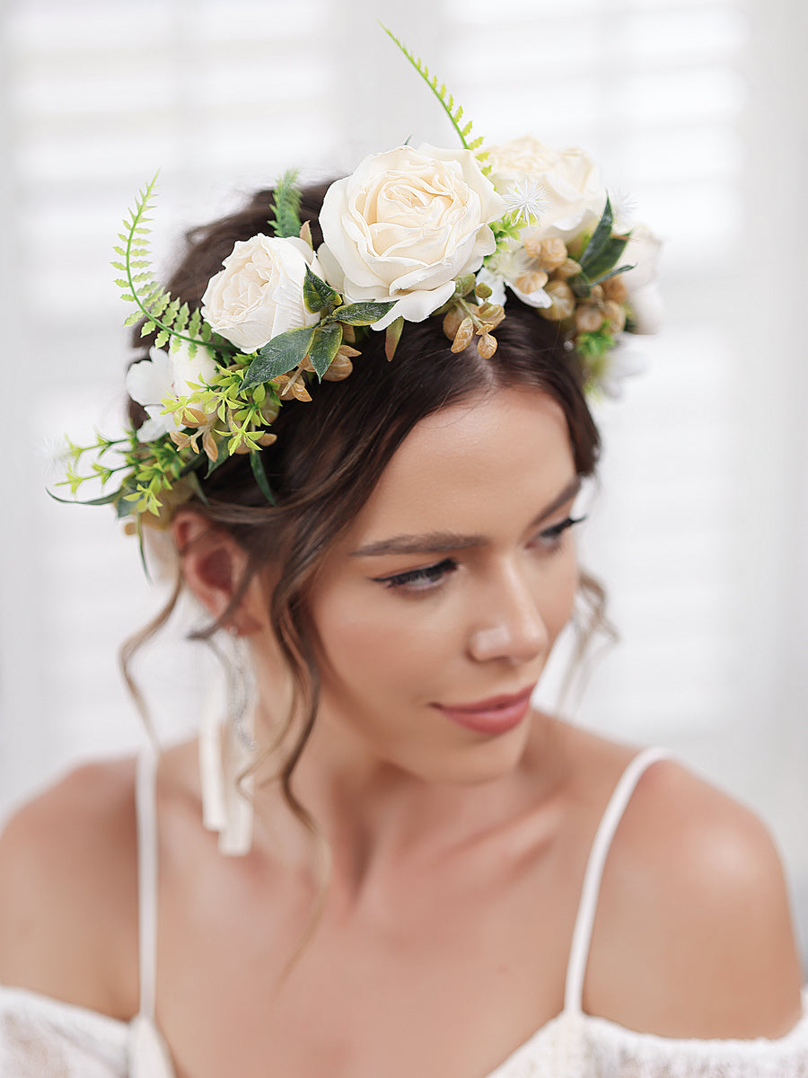 Artificial Ivory Bridal Garland Headbands Wedding Flower Crowns with Champagne Ribbon