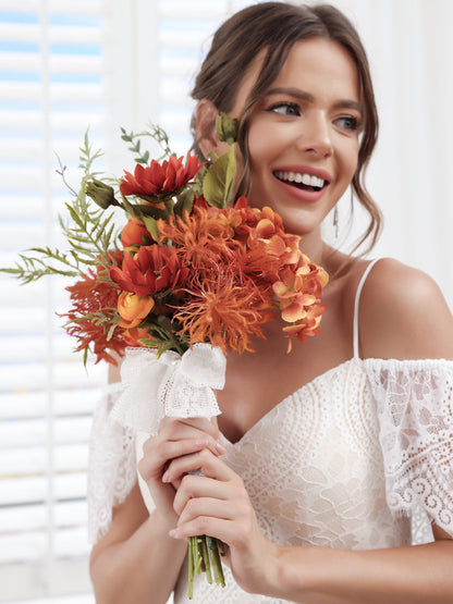 Artificial Hand-Tied Wedding Bridal Bouquets with Bowknot in Sunset Red & Orange