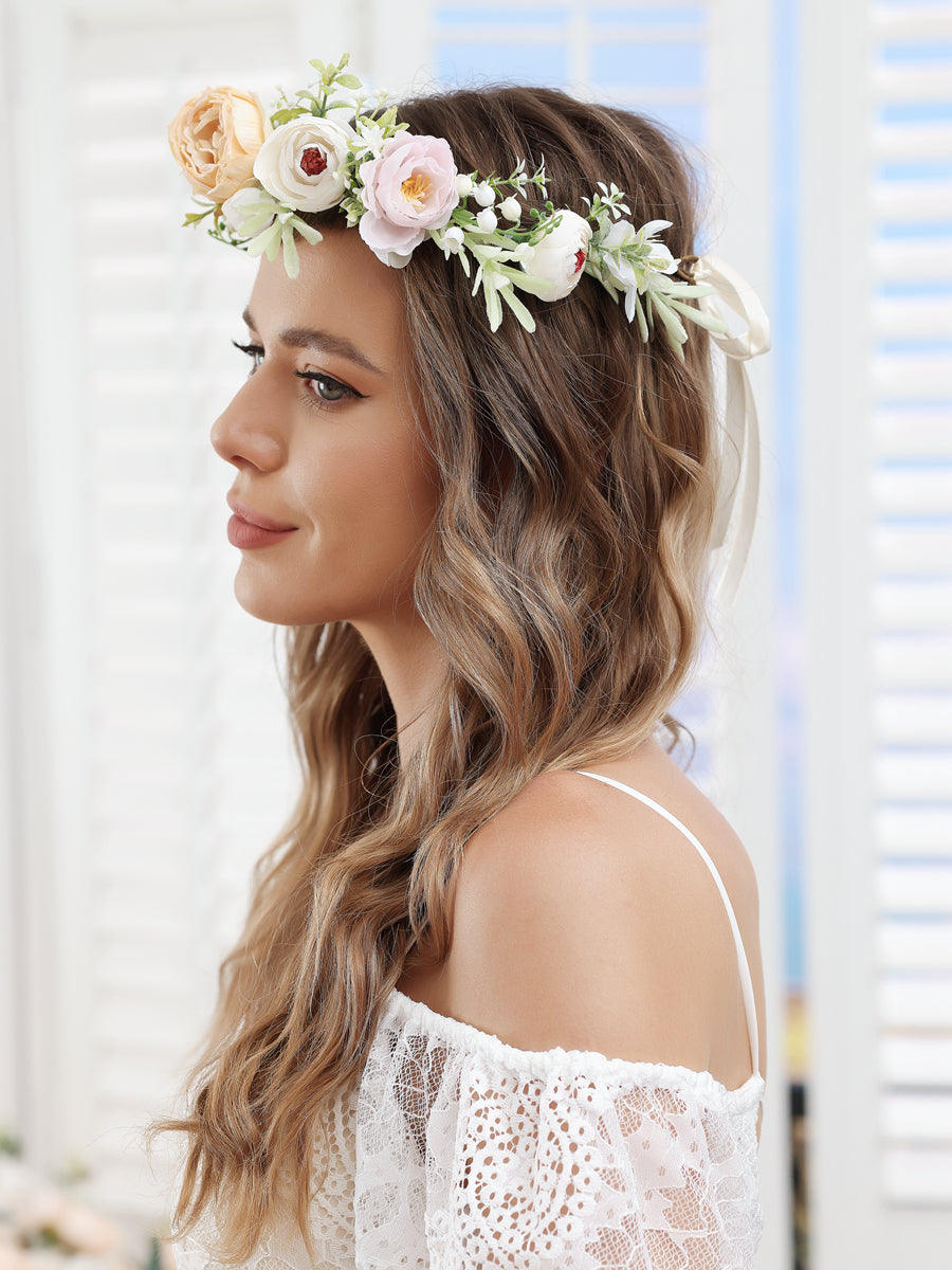 Artificial 3 Colors Wedding Flower Crowns with Champagne Ribbon